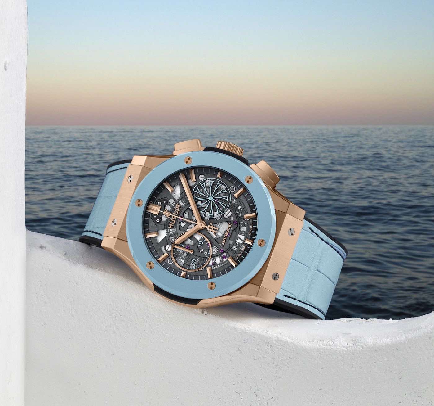 Round Hublot Classic Fusion Rose Gold Blue Dial Watch, For Personal Use