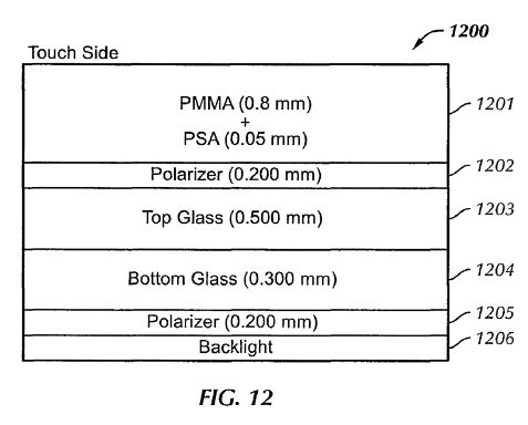 Figure 12 of Apple's U.S. Patent No. 8,243,027 shows glass on glass lamination.
