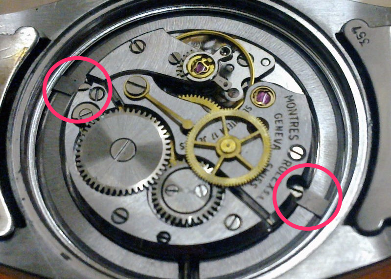On this vintage Rolex 6426 Oyster Precision manual wind, it's possible to see the movement ring, screws and braces that hold the movement in the case.