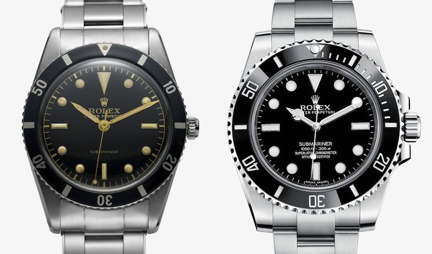 The Rolex Submariner of 1957, next to the latest version from 2012