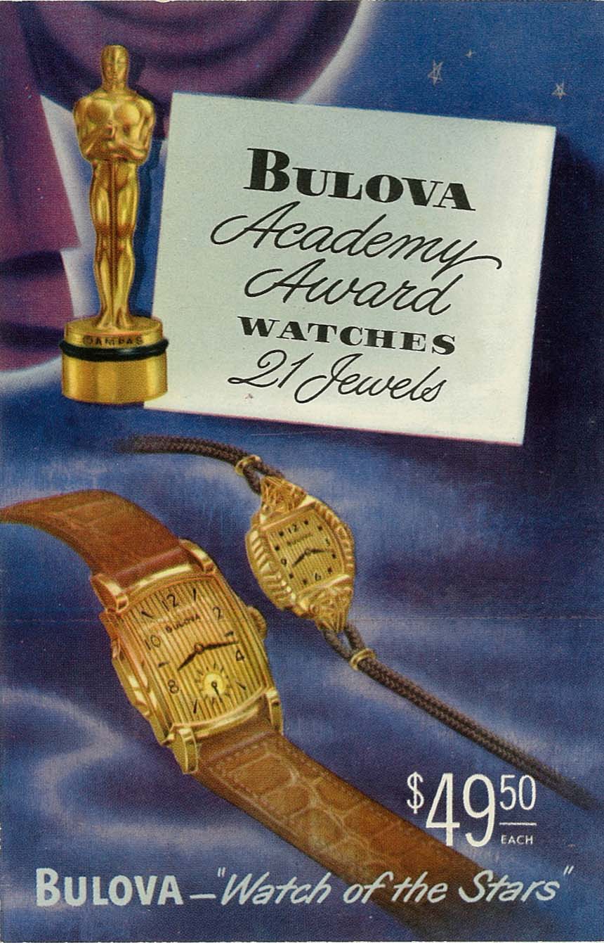 Bulova Academy Award Watches: Promotional Postcard About Bulova's Academy Award Watches (c. 1950-1954). Bulova Remains The Only Outside Company Granted A Commercial License By The Academy Of Motion Picture Arts And Sciences