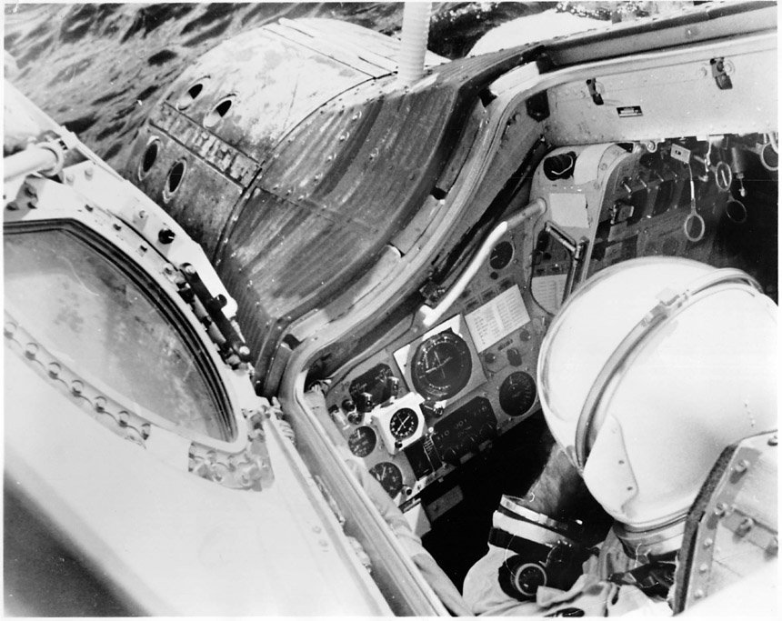 Space: Photograph Taken By A U.S. Navy Frogman Of The Gemini 6 Spacecraft Capsule After Splashdown In The Atlantic, With Specially Designed 24-Hour-Dial Accutron Electronic Clock On The Control Panel