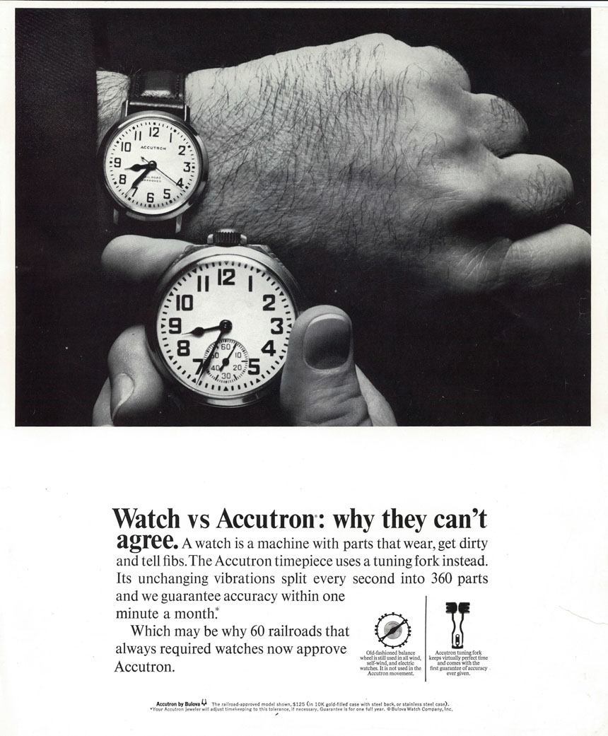 Watch vs. Accutron: Advertisement For Railroad Approved Accutron Timepieces, Noted For Their Superior Accuracy