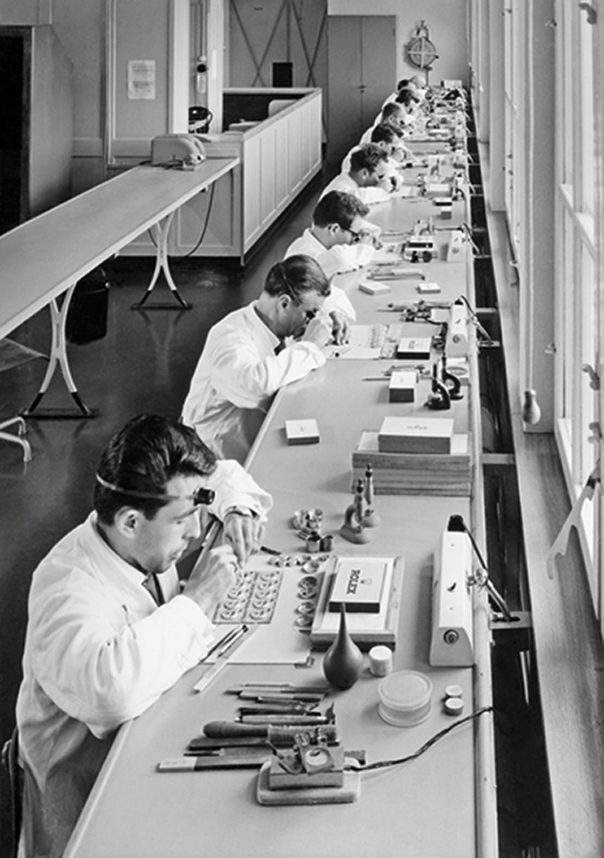 Archive image showing watchmakers working at Rolex's Haute Route, Bienne facility