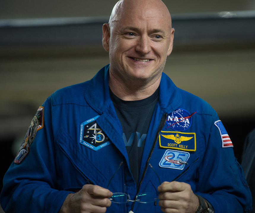 Expedition 46 Commander Scott Kelly of NASA is seen after returning to Ellington Field, Thursday, March 3, 2016, in Houston, Texas after his return to Earth the previous day. Kelly and Flight Engineers Mikhail Kornienko and Sergey Volkov of Roscosmos landed in their Soyuz TMA-18M capsule in Kazakhstan on March 1 (Eastern time). Kelly and Kornienko completed an International Space Station record year-long mission as members of Expeditions 43, 44, 45, and 46 to collect valuable data on the effect of long duration weightlessness on the human body that will be used to formulate a human mission to Mars. Volkov returned after spending six months on the station. Photo Credit: (NASA/Joel Kowsky)