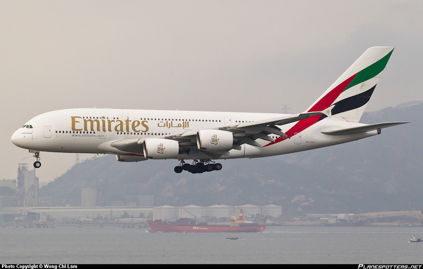 Emirates Airbus A380 landing in Hong Kong. Credit: Wong Chi Lam, planespotters.com