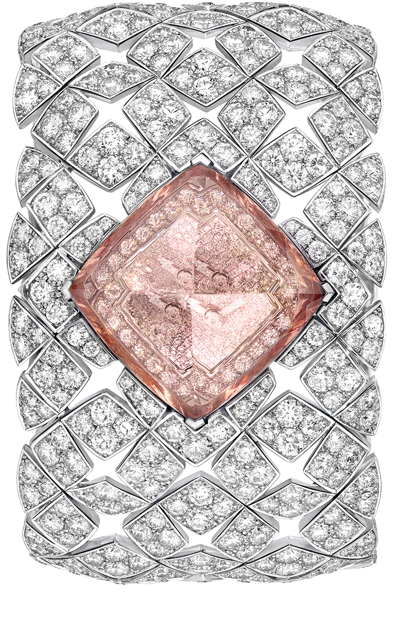 The Signature Morganite is set with a spectacular 43.6-carat cushion-cut morganite by Chanel