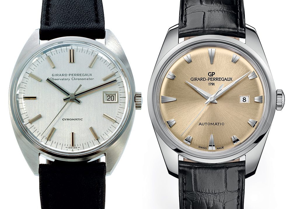 1960s Girard-Perregaux Gyromatic (left) & new-for-2016 Girard-Perregaux 1957 watch compared for design (not size)