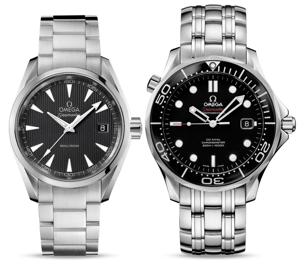 Omega's most affordable men's watches: Omega Seamaster Aqua Terra 150m (quartz), Omega Seamaster Diver 300M Co-Axial (mechanical)
