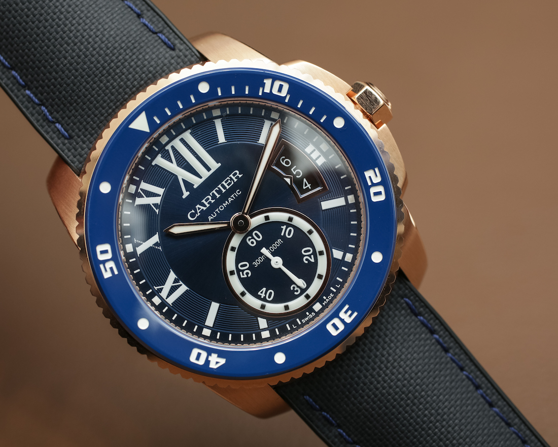 Face detail photo of Cartier Calibre De Cartier Blue Diver Watch with rose gold case