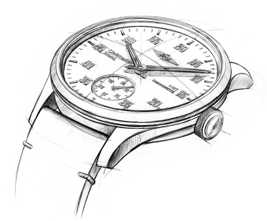 Artist sketch of Christopher Ward and Morgan Motors partner watch face and band