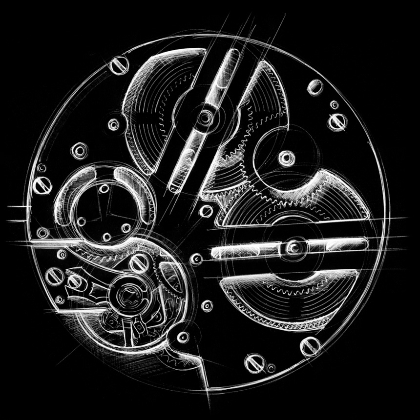 Detailed sketch of Christopher Ward Morgan Motors watch mechanism & movement