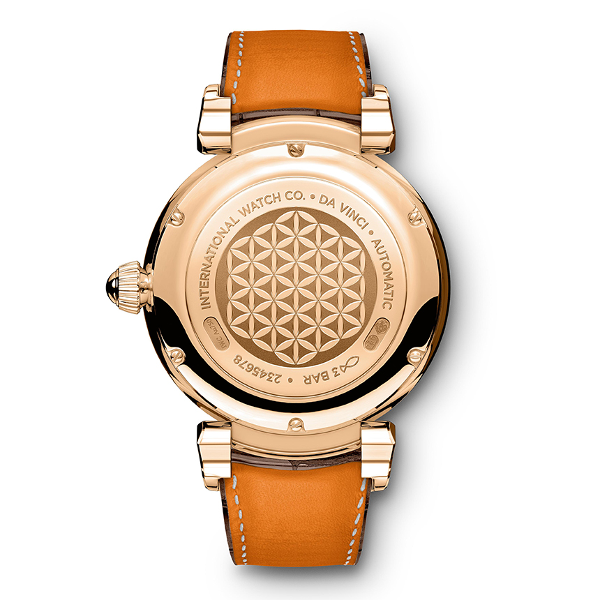 The caseback of the new IWC ladies' Da Vinci pieces depict the "flower of life."