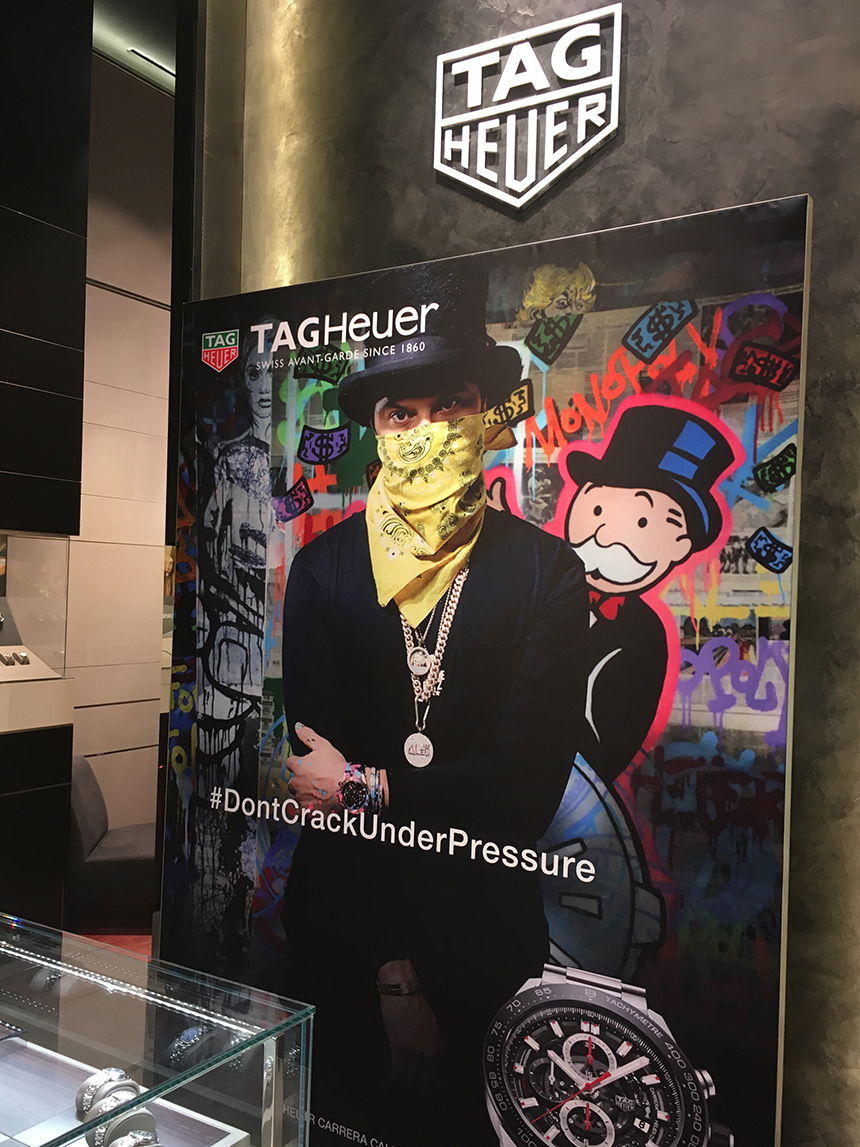 Graffiti artist Alec Monopoly will appear in TAG Heuer ads and will paint several works to appear in the TAG Heuer boutiques.