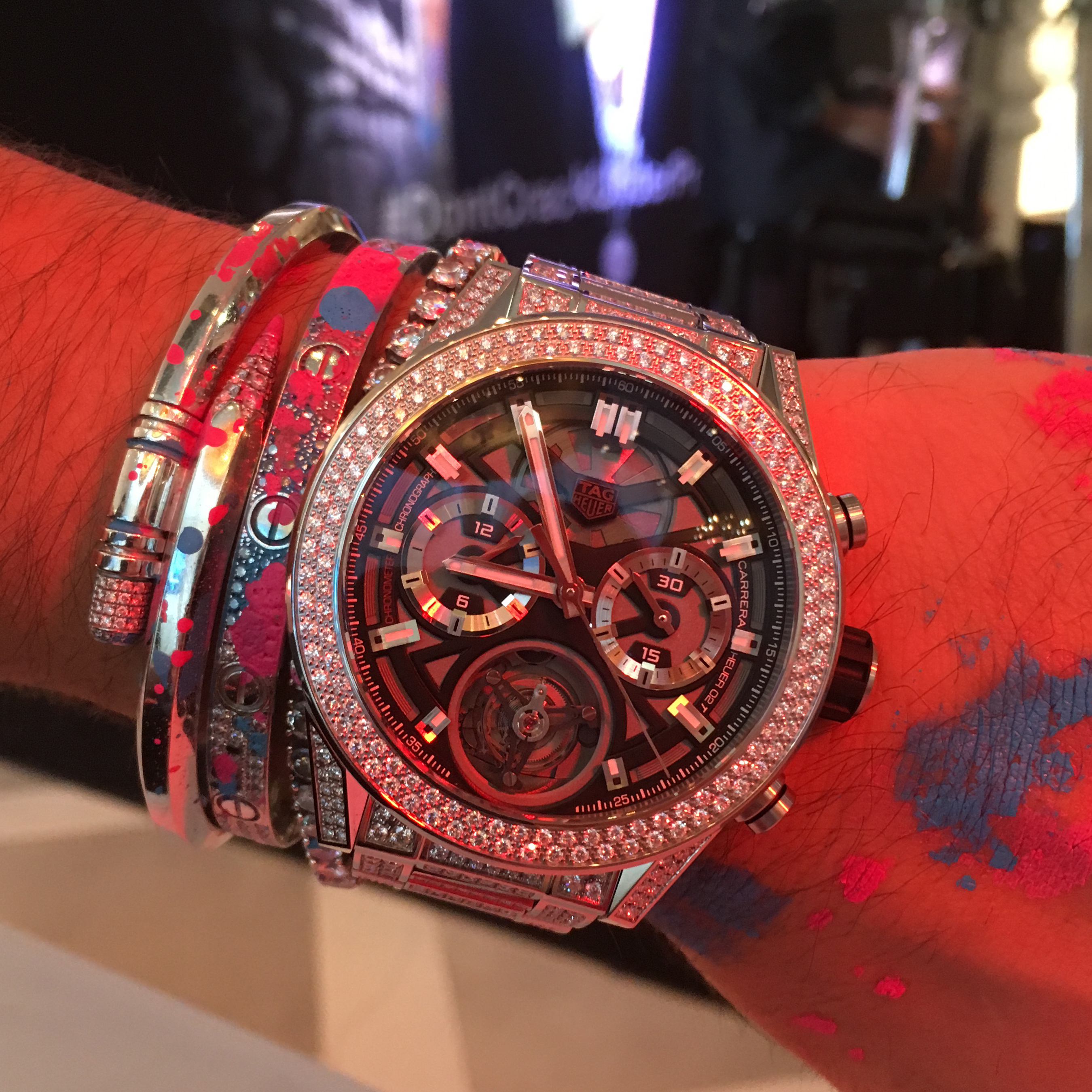 TAG Heuer's gift to Alec Monopoly, a Carrera Heuer-02T tourbillon chronograph watch set with diamonds.