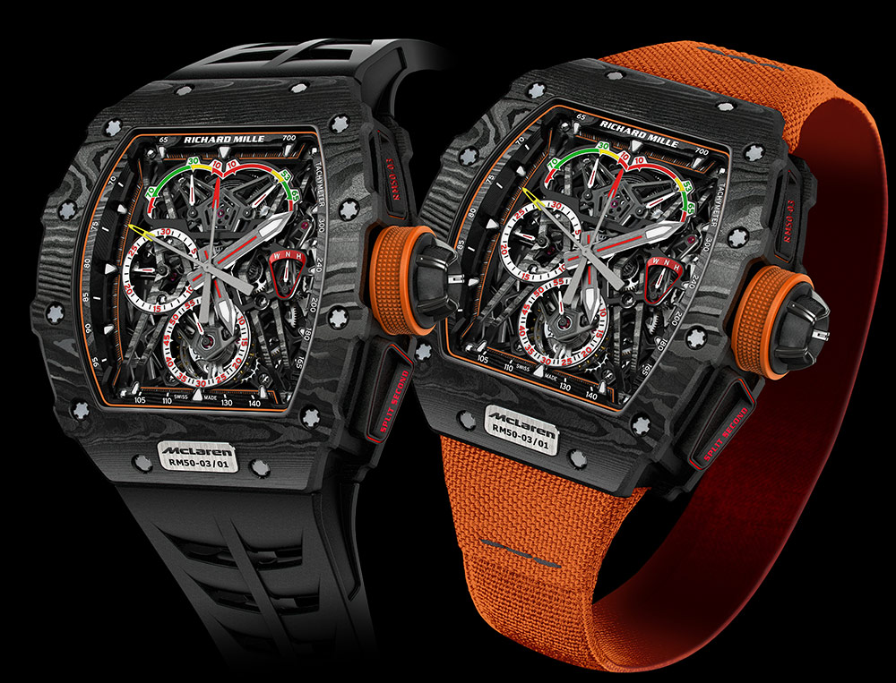 UPDATE 2016/2/10: The production model of the Richard Mille RM 50-03 McLaren F1 will include an orange strap, crown rubber and rehaut - differing from the prototypes we saw and photographed at SIHH 2017.