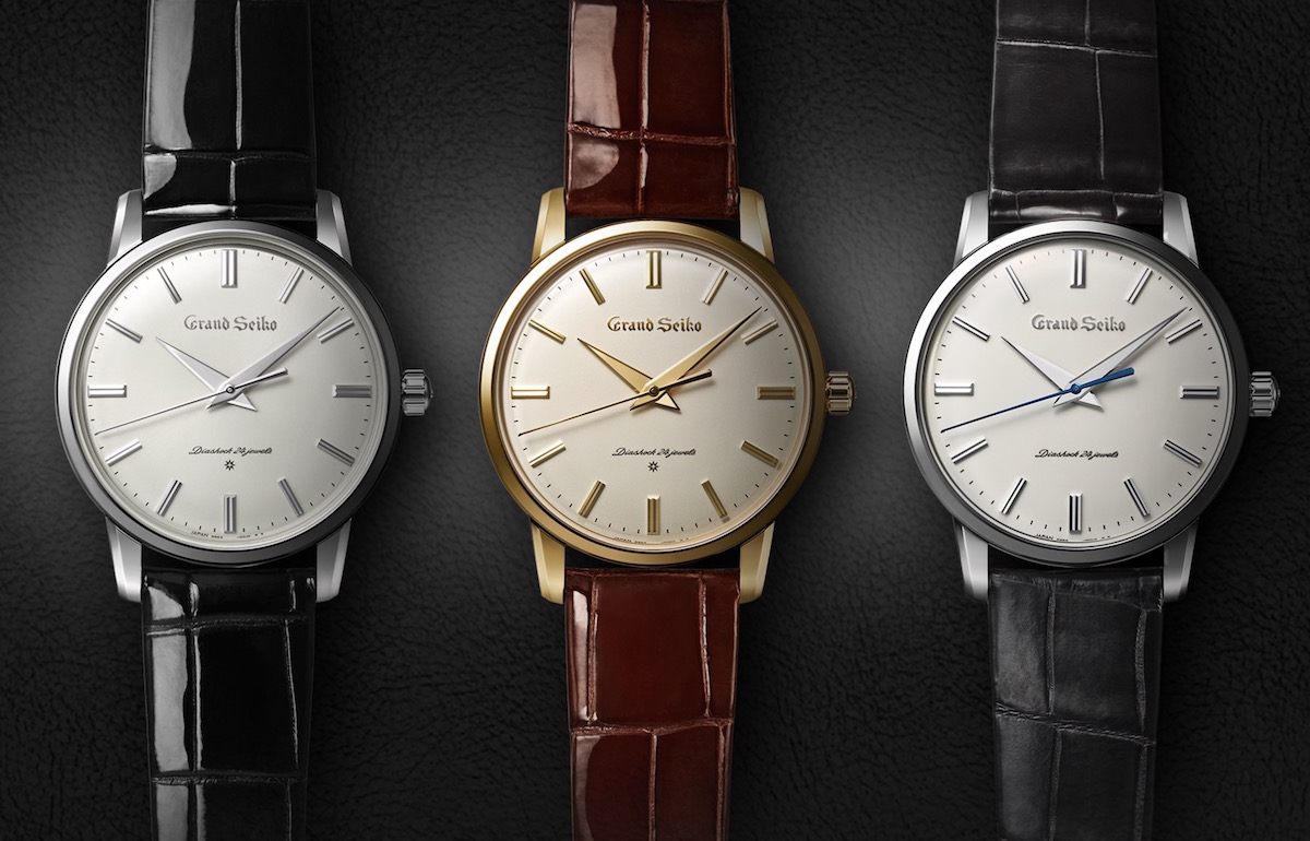 The trio of original 1960 Grand Seiko rereleases (SBGW251 in platinum, SBGW252 in 18k yellow gold, SBGW253 and steel)