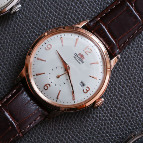 Orient Bambino Small Seconds rose gold tone top view