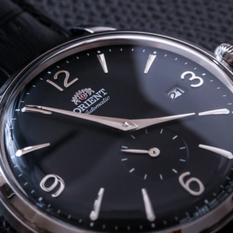Orient Bambino Small Seconds black dial close up