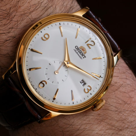 Orient Bambino Small Seconds gold tone close up