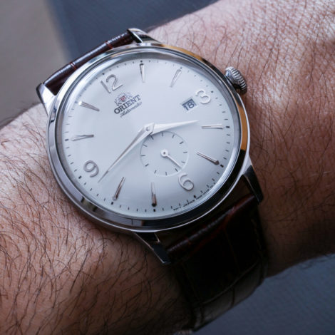 Orient Bambino Small Seconds white dial on wrist
