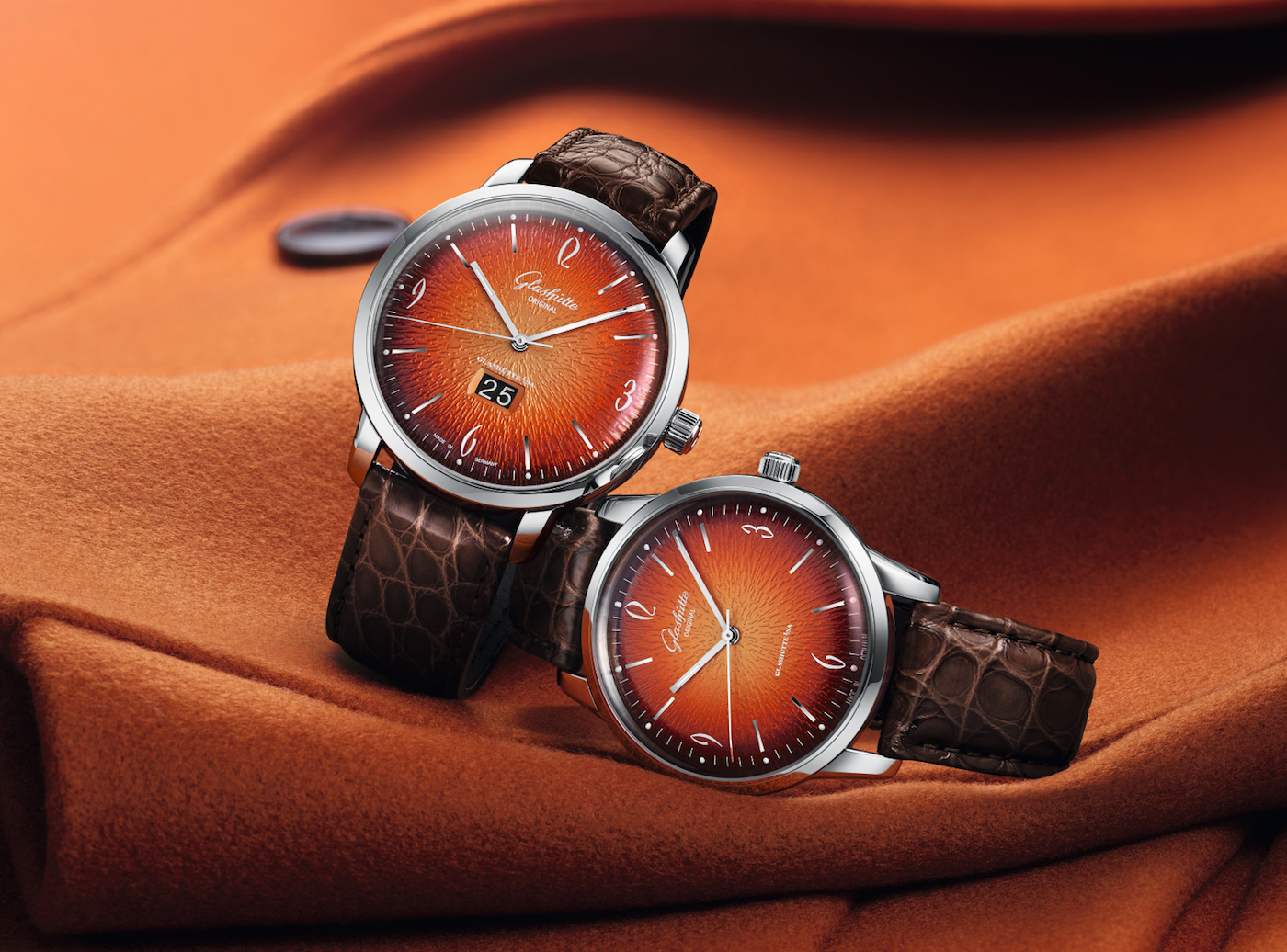 Glashuette-Original-Sixties-And-Sixties-Panorama-Date-Annual-Edition-2019-Watches-Mood-Shot-On-Orange-Coat