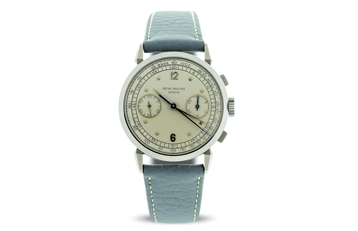 Patek Philippe Ref. 1579 A chronograph, made around 1950, in stainless steel chronograph, silvered dial with applied indexes, tachometer scale, case with spider lugs. One of only 6 made.