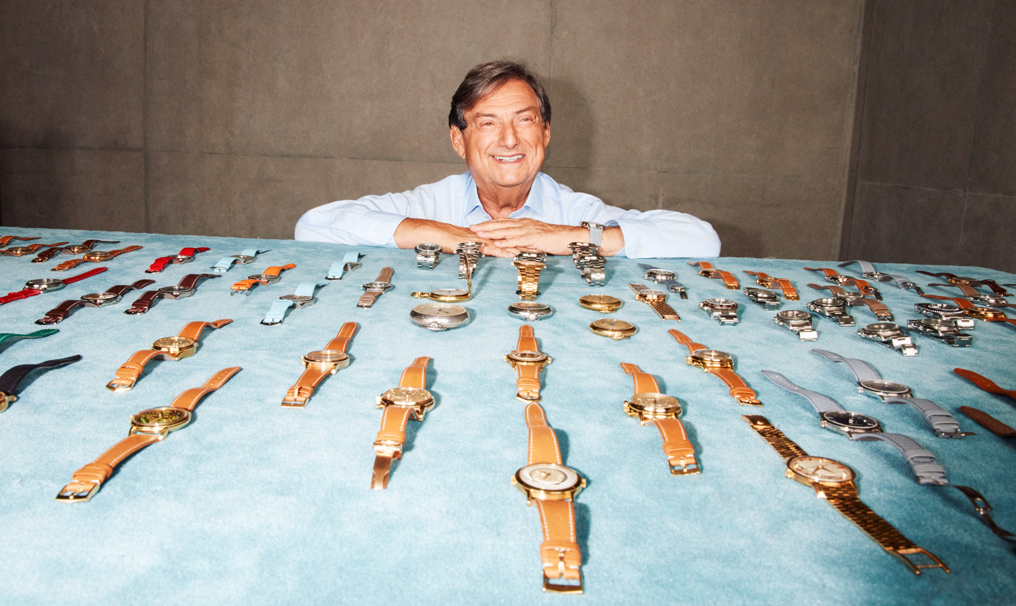 Collector Patrick Getreide, the man behind the OAK Collection, with a few of his 600 watches.